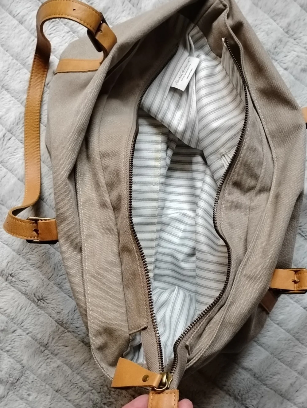 Canvas Tote Bag with Tan Leather Straps - Unisex